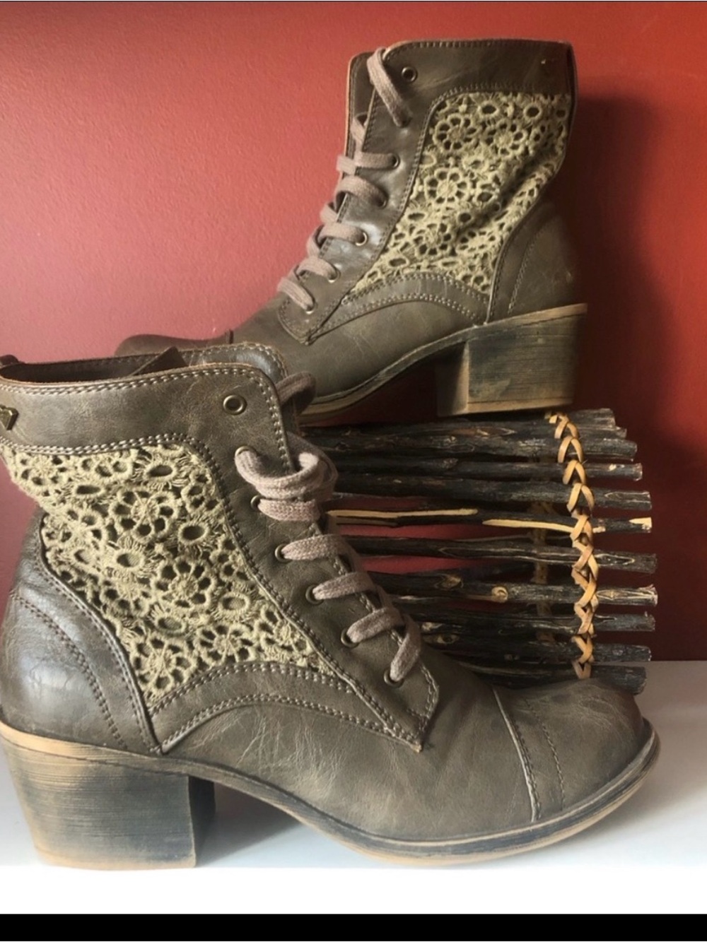 Roxy Olive Green Lace-Up Crochet Panel Ankle Boots
